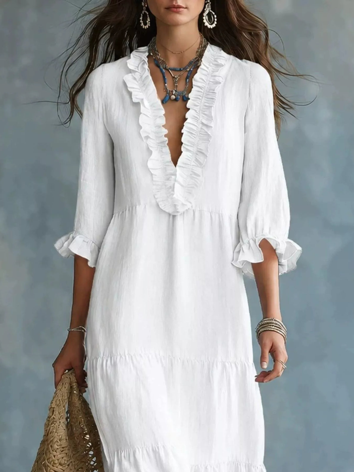 White ruffled V-neck tiered maxi dress with ruffle-front detail