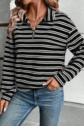 Black-and-white striped half-zip long sleeve top with stand collar