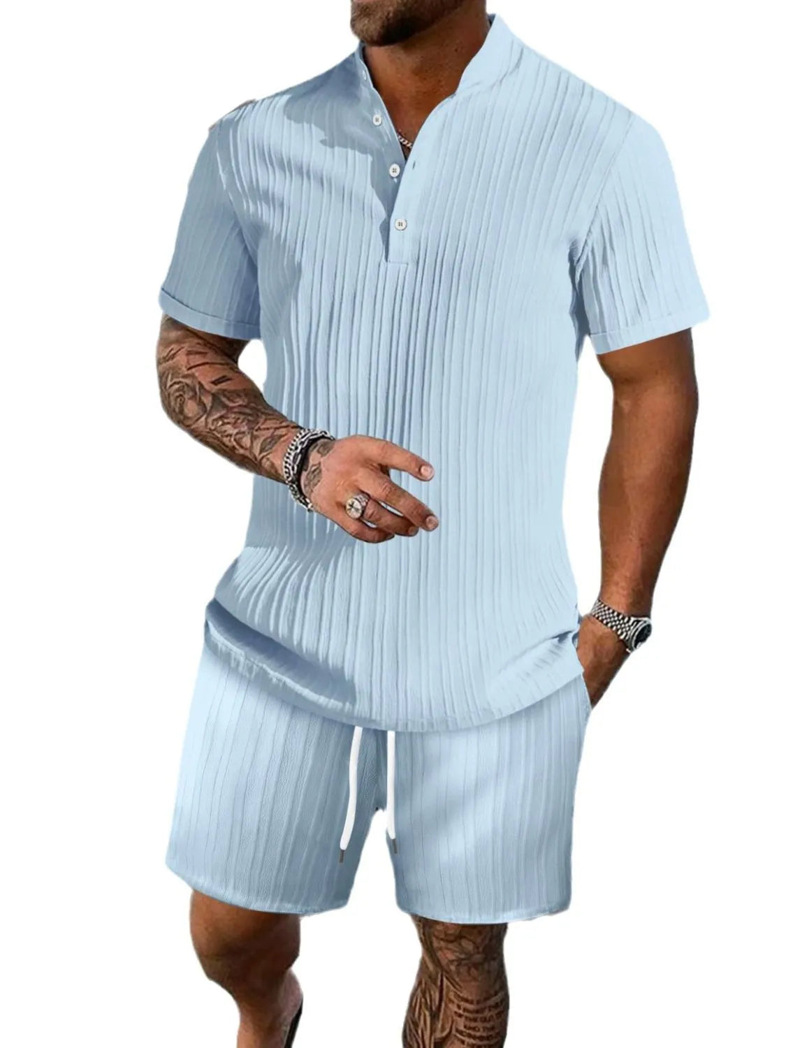 Men's ribbed short sleeve button top and matching drawstring shorts set, pale blue