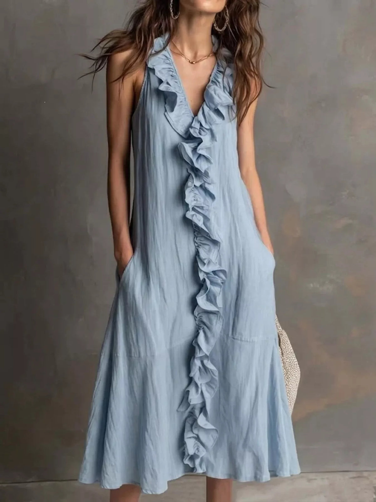 Sky blue sleeveless V-neck ruffle midi dress with tiered front ruffle