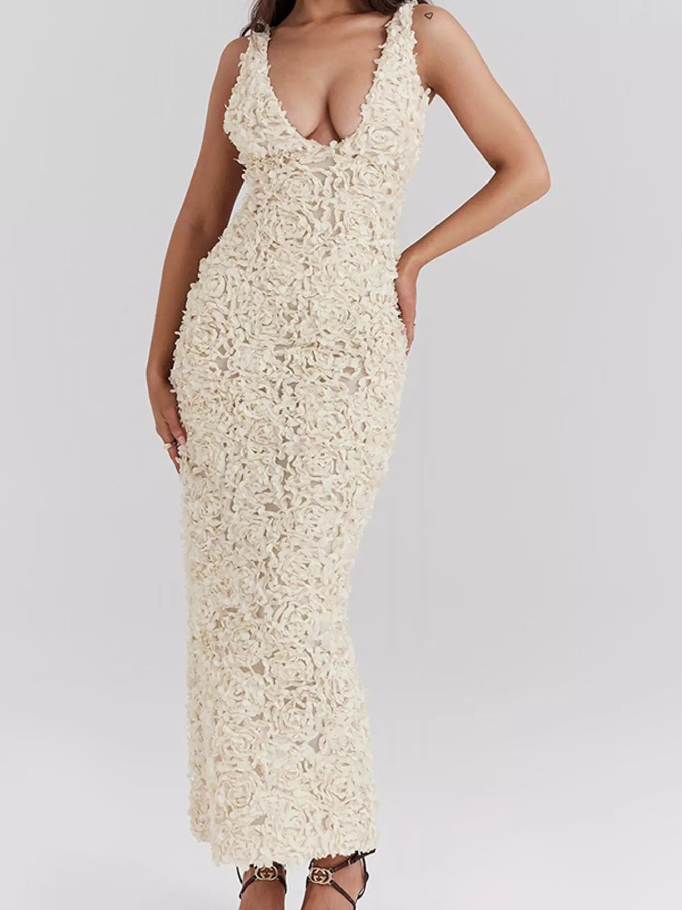 Cedar & Moore Floral Applique Deep V-Neck Maxi Dress in cream lace with zipper