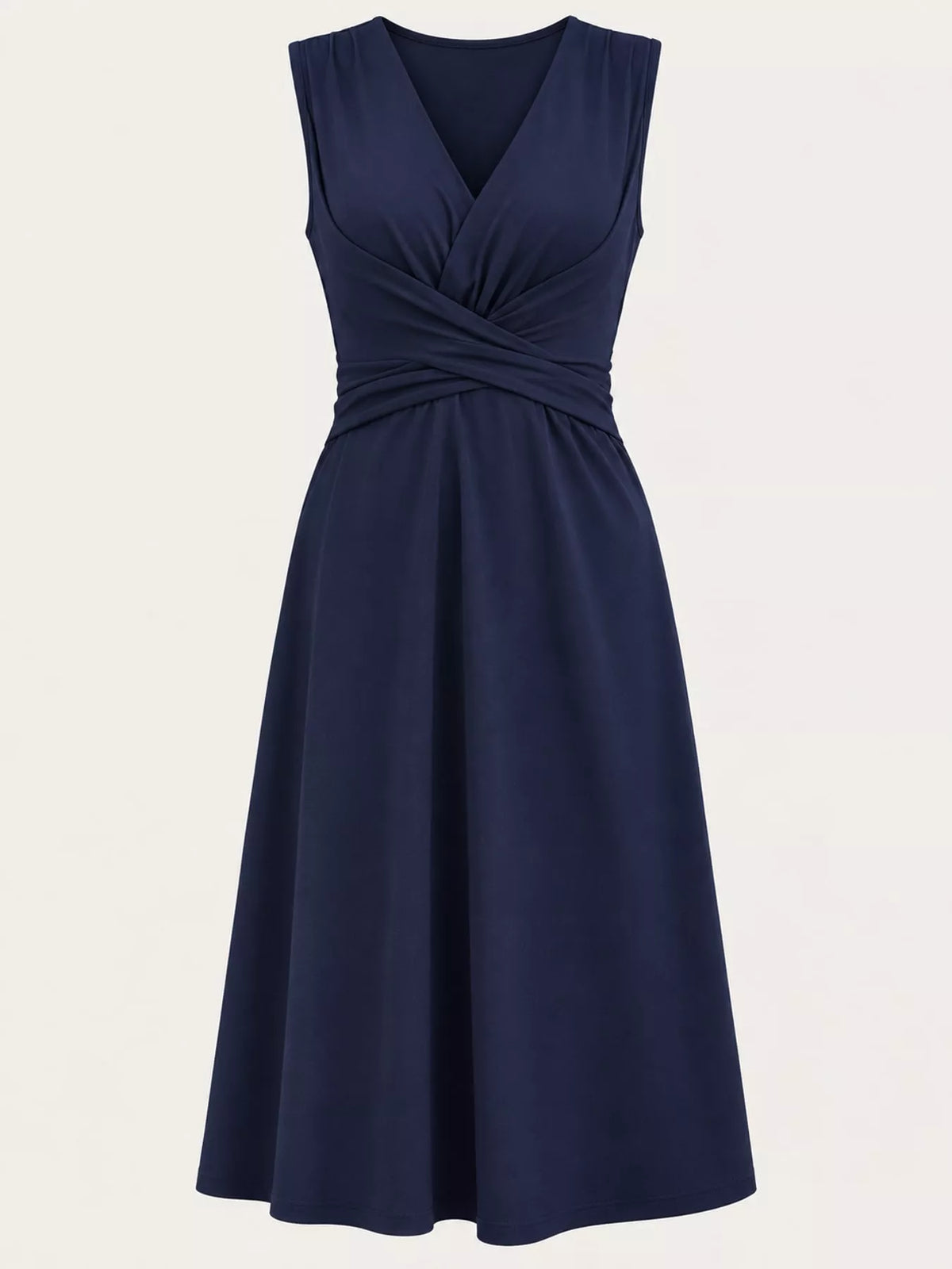 Navy ruched front midi dress with crisscross elastic waist, sleeveless