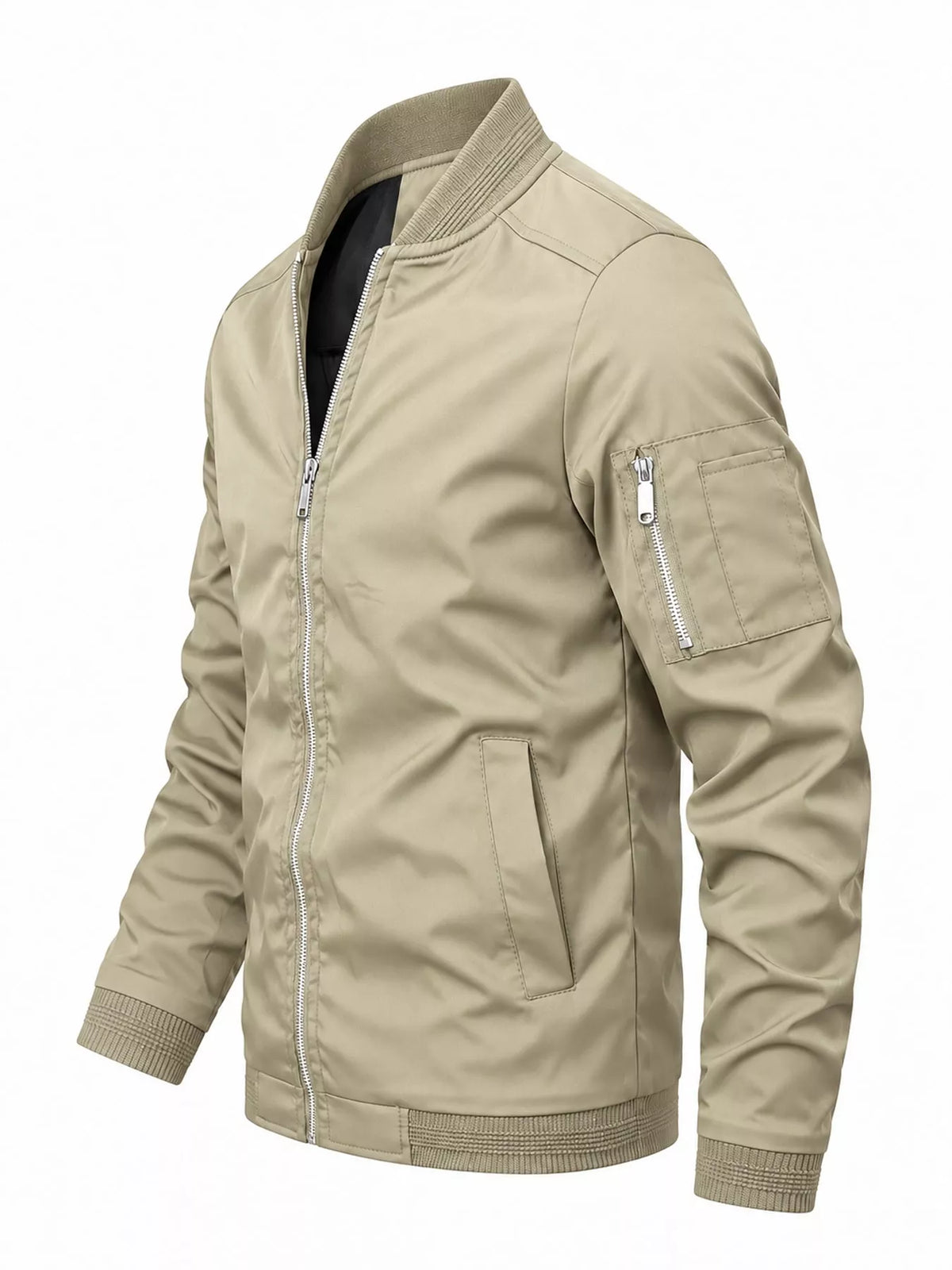 Light khaki lightweight bomber jacket with front zipper, side pocket, and ribbed cuffs