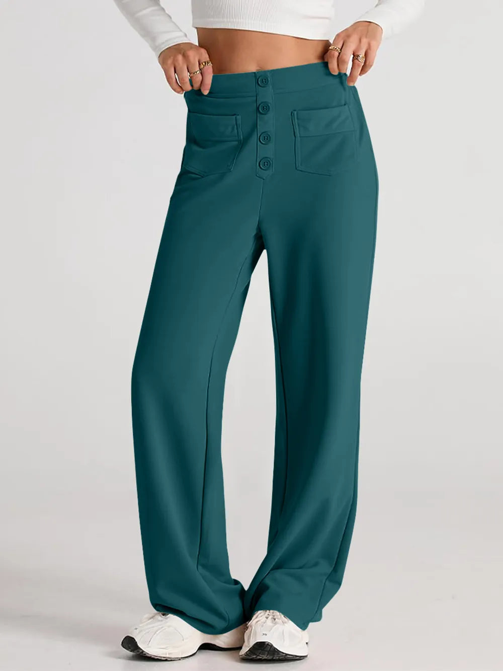 High-waist wide-leg pants, deep teal, centered buttons and two front pockets