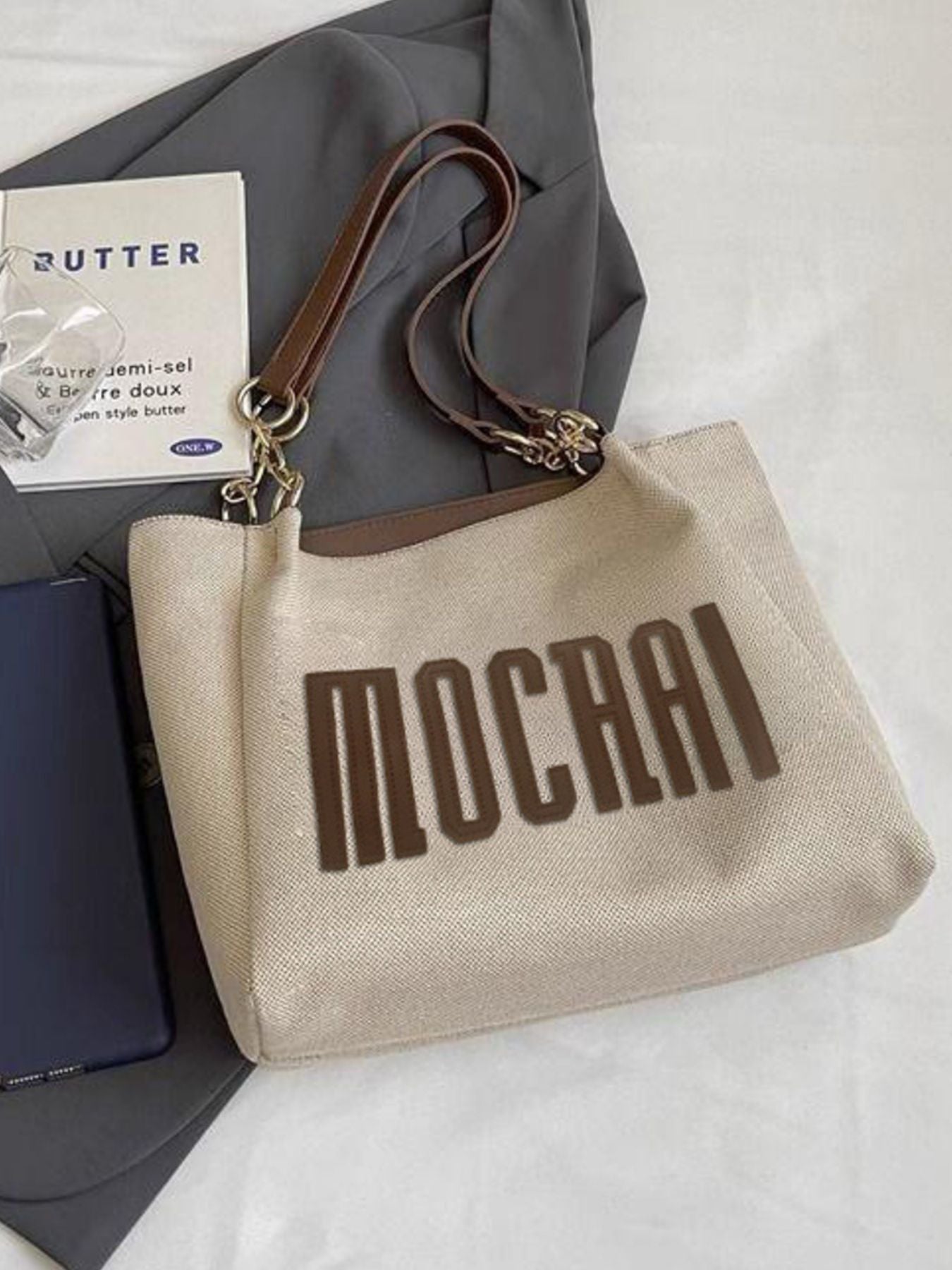 Letter Canvas Shoulder Bag, medium beige canvas with brown leather straps