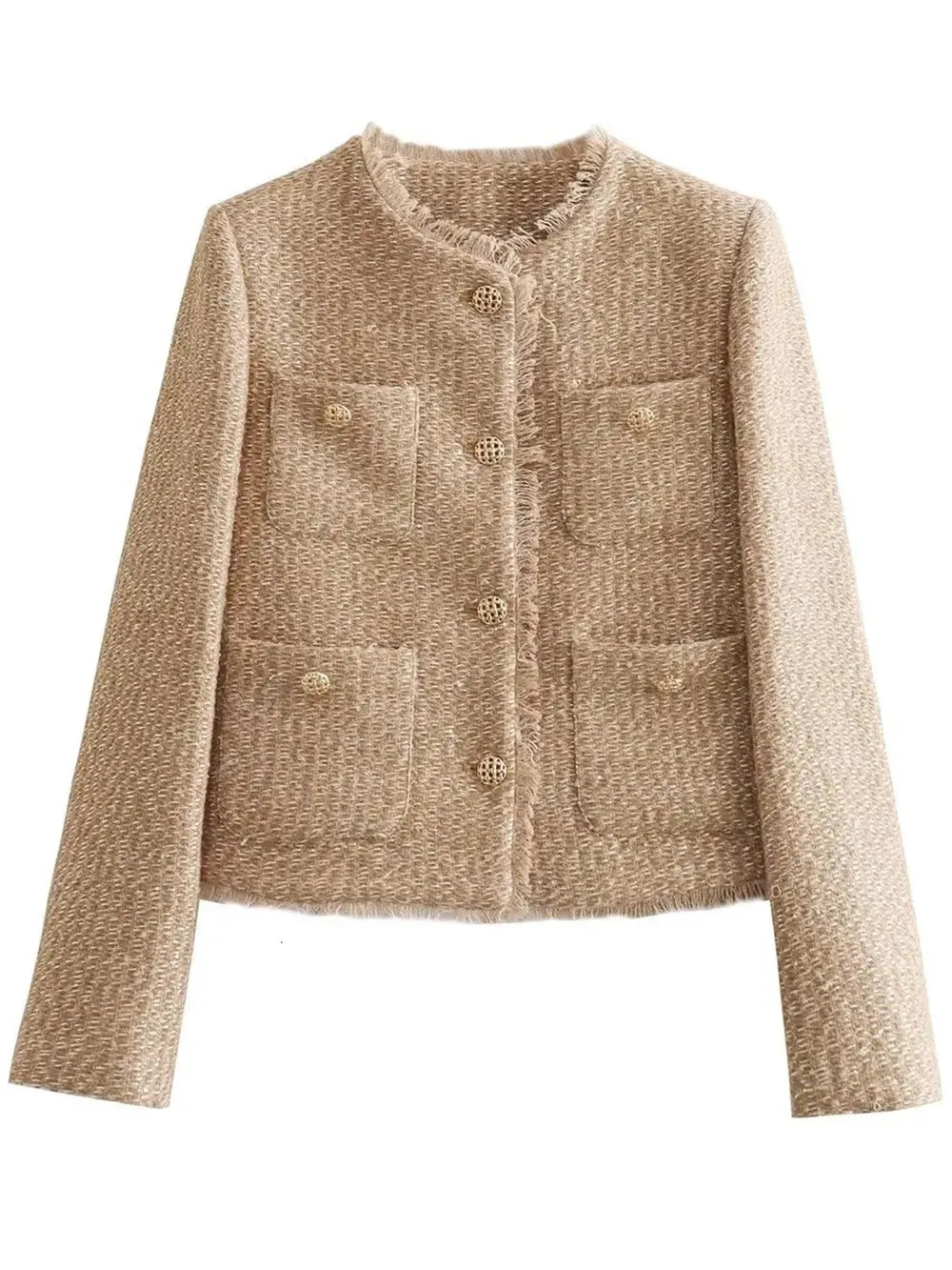 Camel tweed pocketed round-neck jacket with button placket and flap pockets