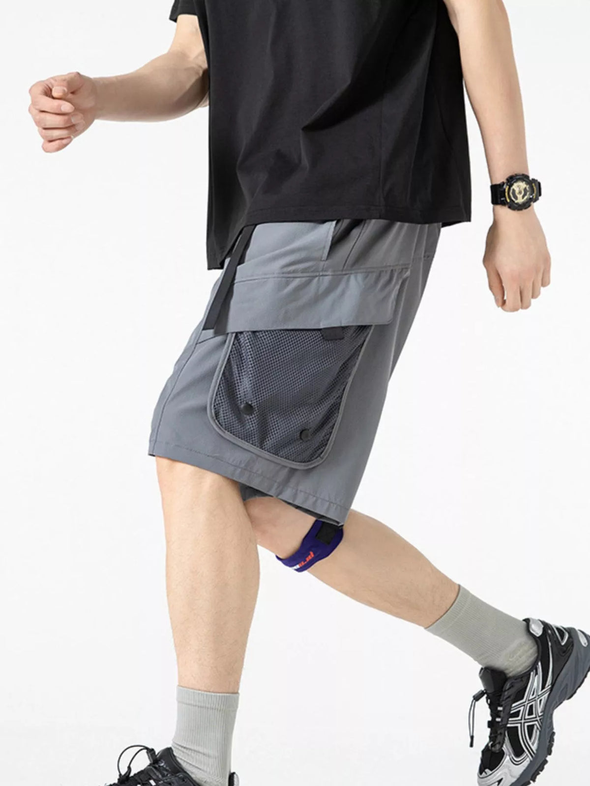 Rock gray quick-dry cargo shorts, side flap pocket and cargo panel at thigh