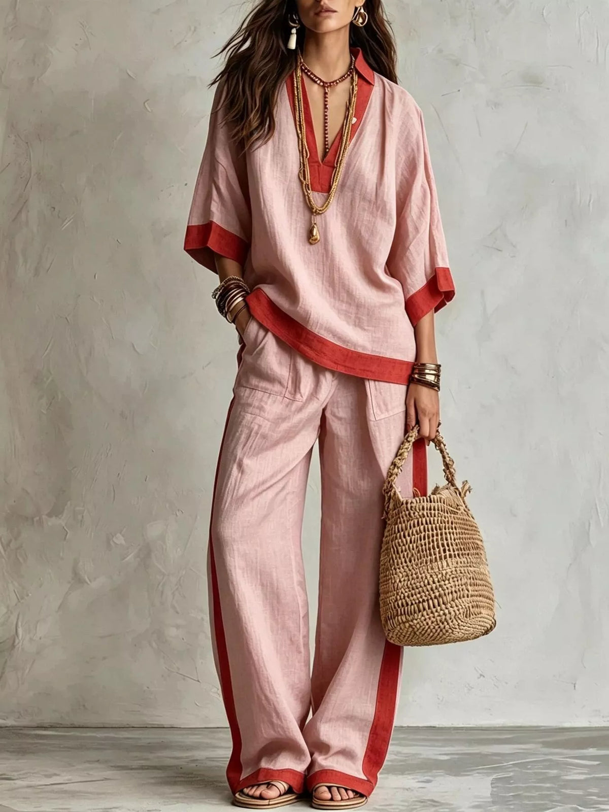 Blush pink top and wide-leg pants set with red contrast trim, relaxed wide fit