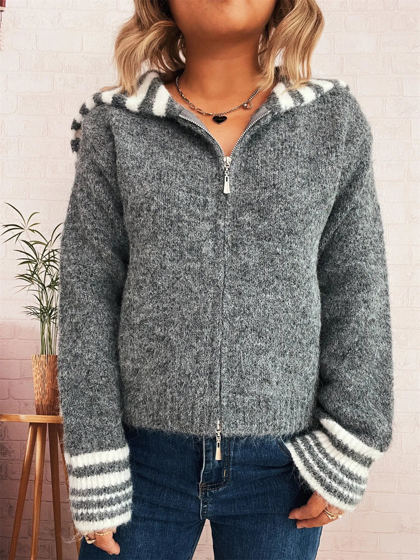 Gray striped-hood zip-up cardigan with ribbed sleeve cuffs, front zipper