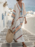 White V-neck maxi dress with multicolor border print, 3/4 sleeves and tassel tie