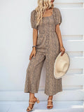 Printed square-neck puff-sleeve jumpsuit, tan with dark speckle, wide-leg pants