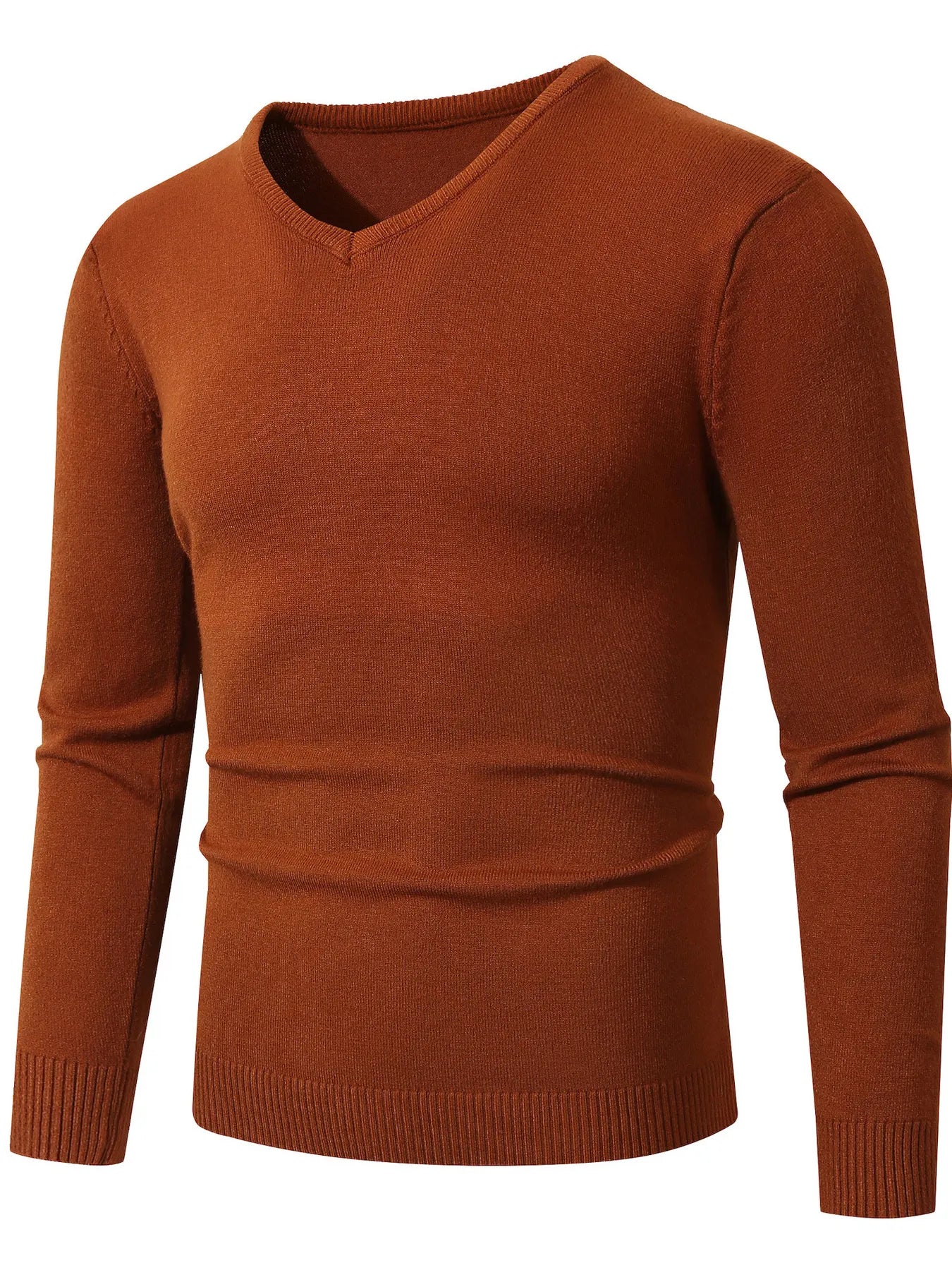 Men’s plus size ribbed hem long sleeve sweater, V-neck, brown with ribbed cuffs