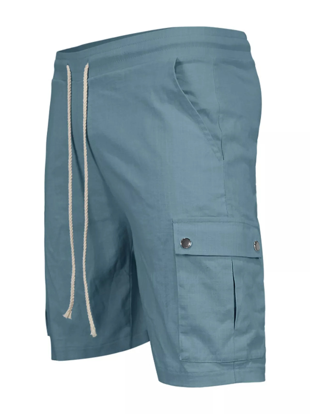 Men’s light blue cargo shorts, rear view with drawstring and buttoned side cargo pocket.