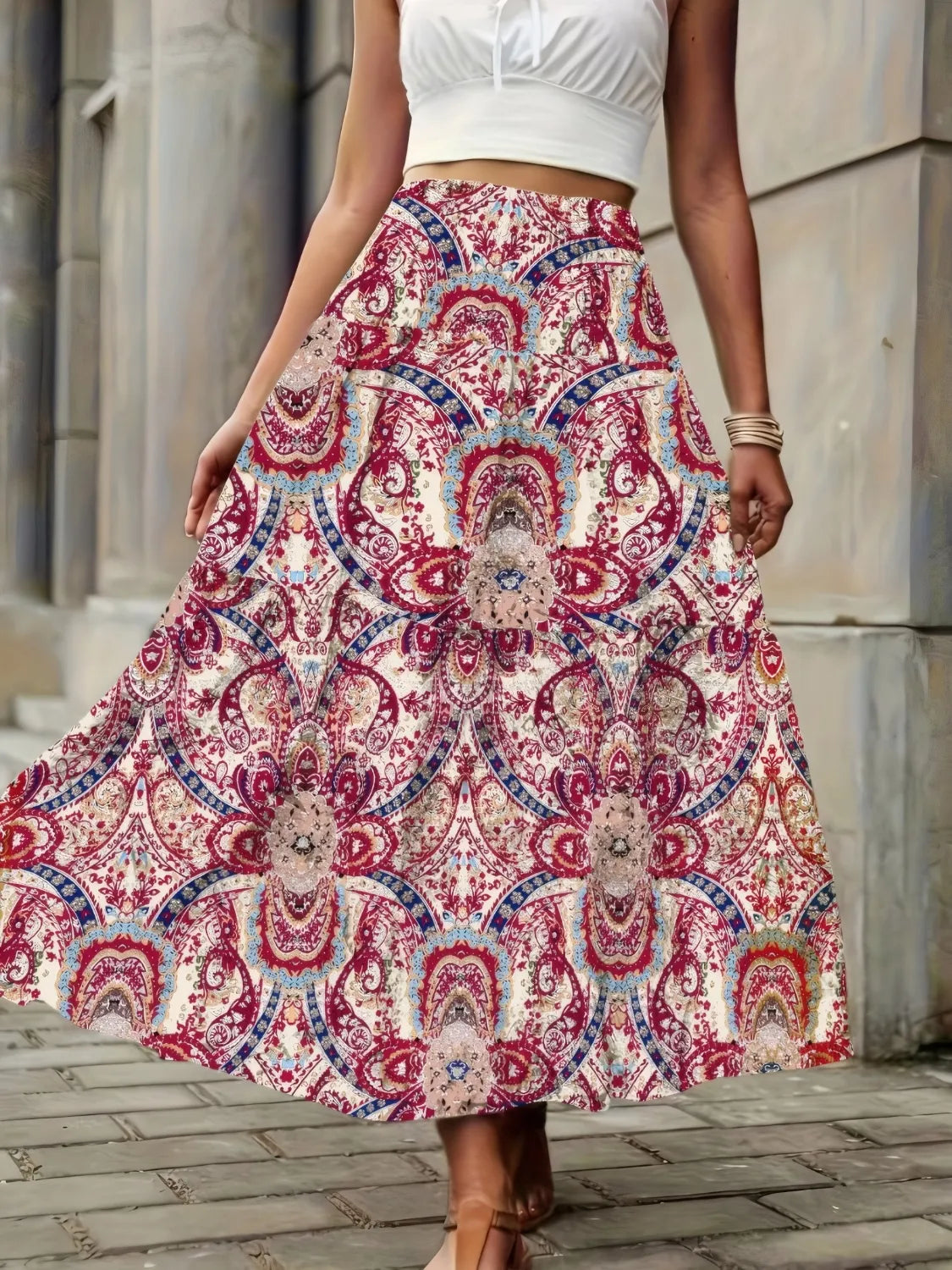 High-waist smocked printed skirt, red paisley medallion print; wide gathered flare