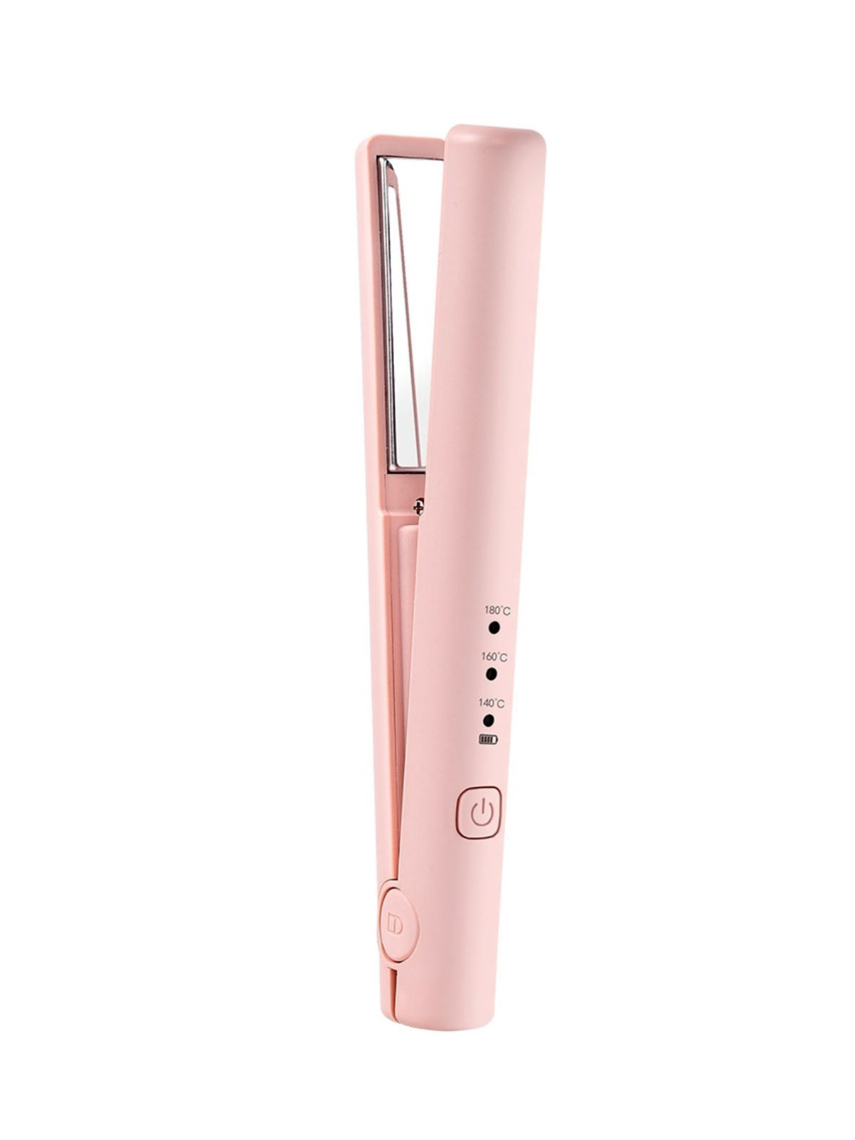 Pink cordless rechargeable mini hair straightener, side view with control buttons