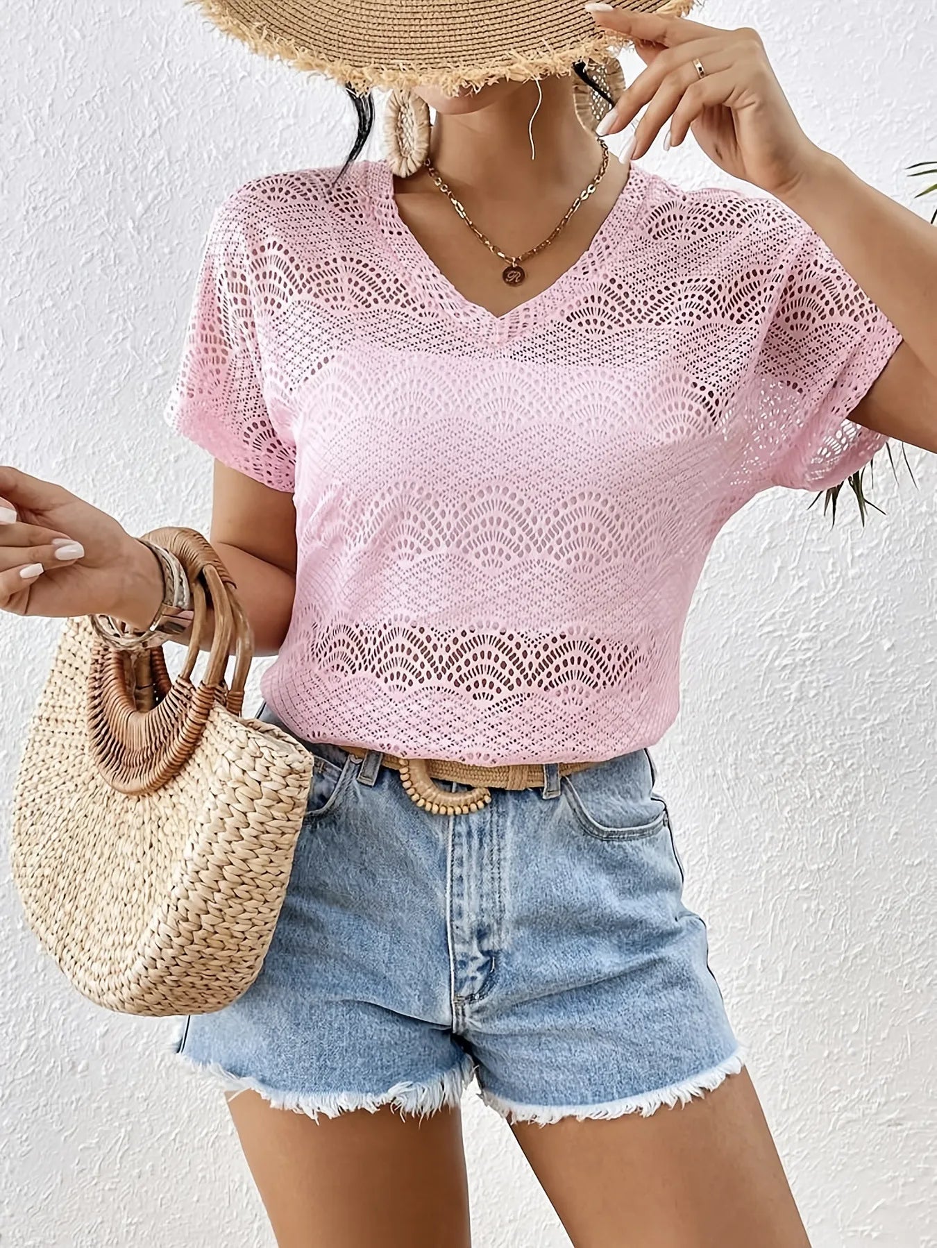 Cedar & Moore Crochet Lace V-Neck Summer Top in pink, sheer openwork short-sleeve by Trendsi