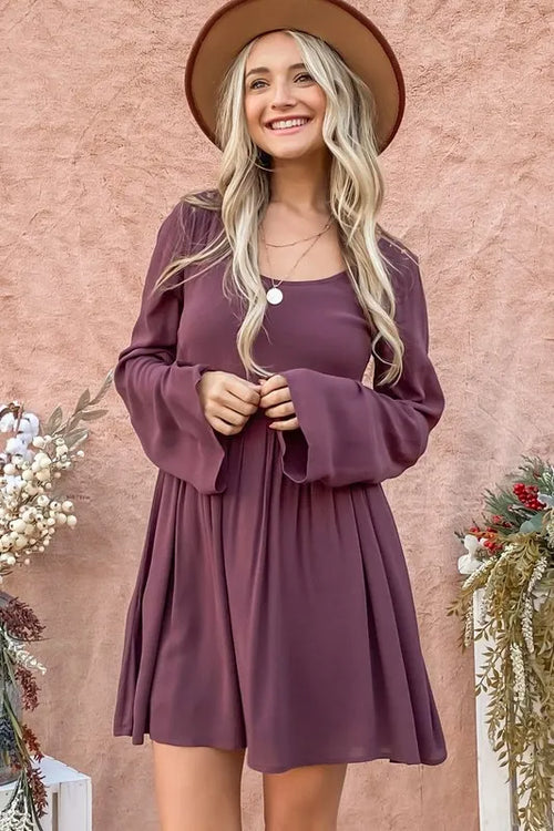 Purple bell-sleeve dress with gathered skirt and button-front detail