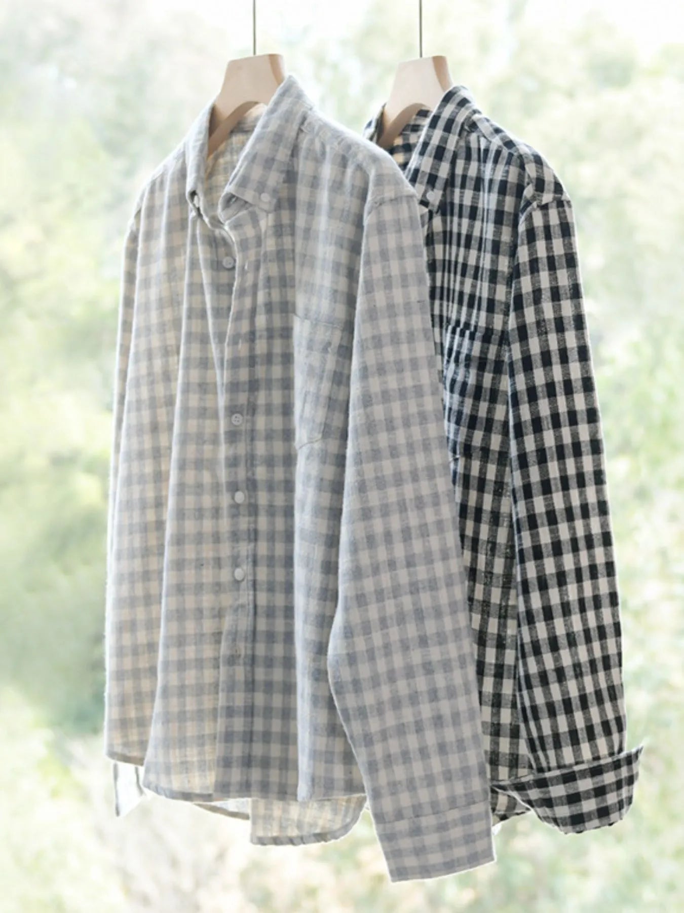 Pair of gingham button-up shirts, gray/white and black/white checks, long sleeves