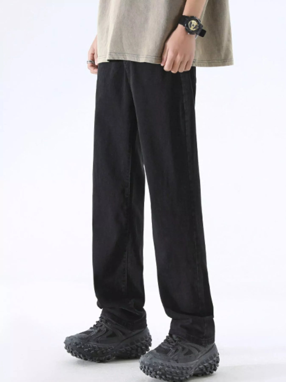 Black washed wide-leg jeans with relaxed straight legs and belt loops.
