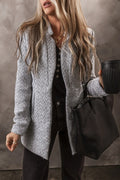 Light gray open-front long sleeve jacket, textured weave, button-front