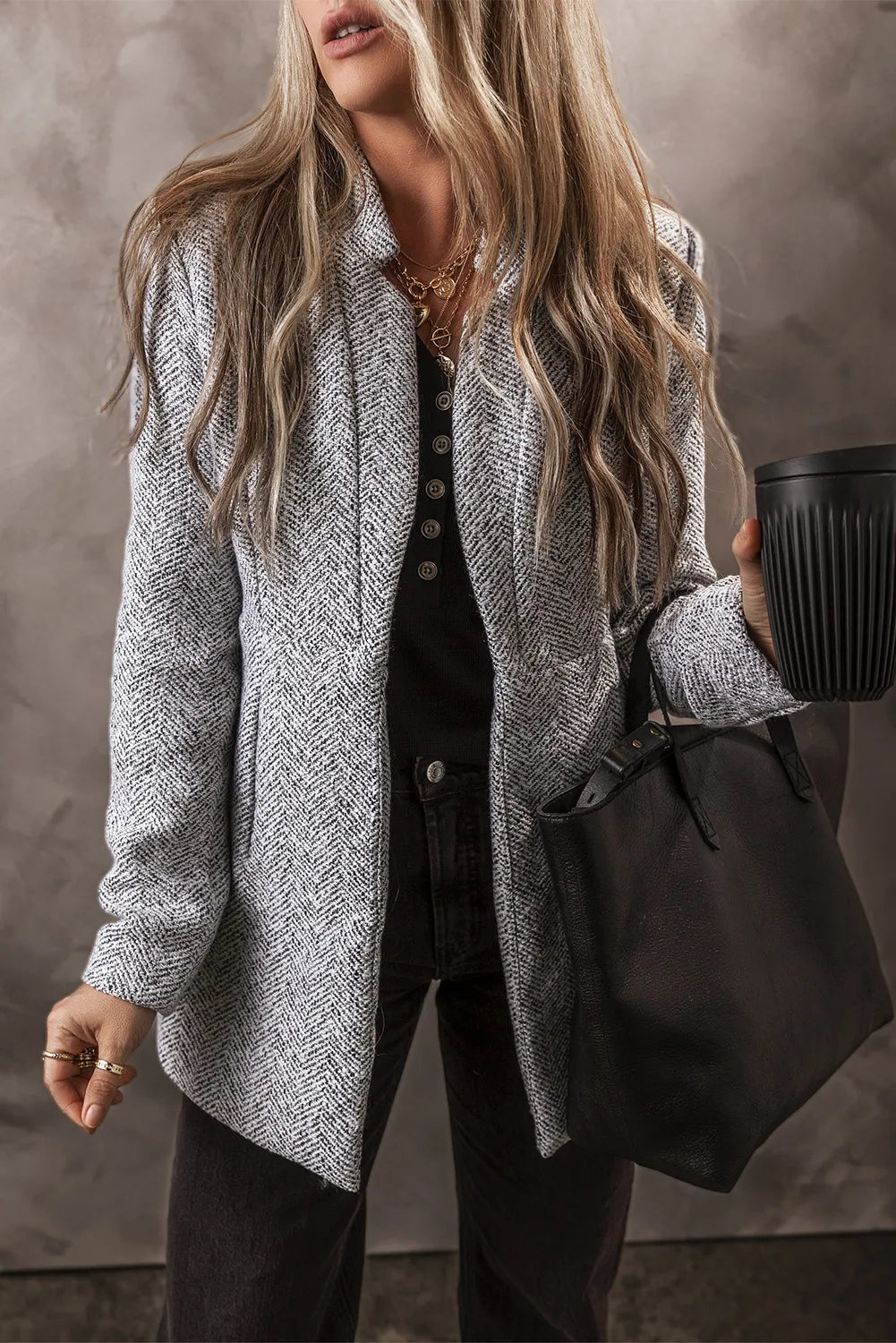Light gray open-front long sleeve jacket, textured weave, button-front