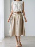 Apricot high-waisted A-line midi skirt with belt and front button placket