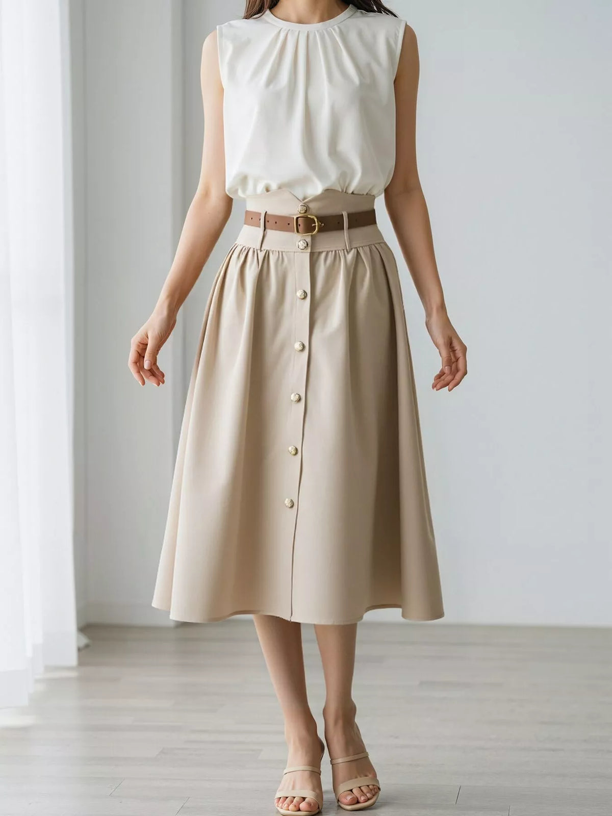 Apricot high-waisted A-line midi skirt with belt and front button placket