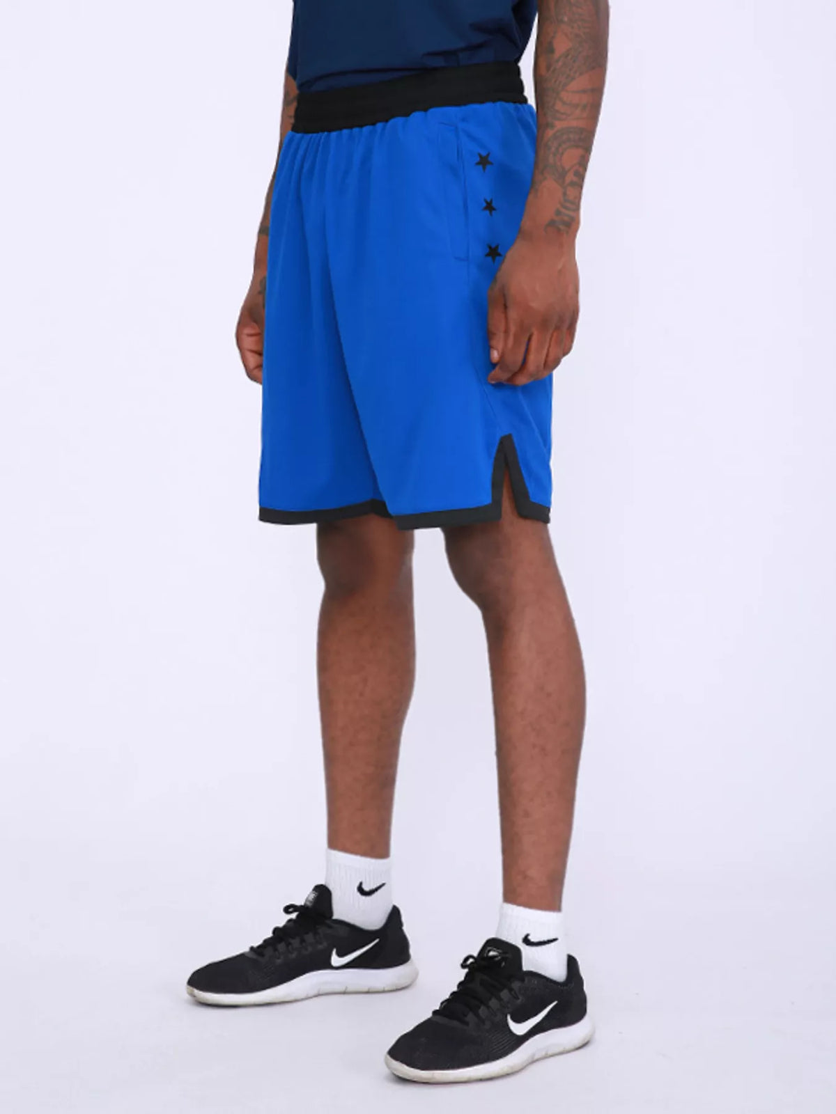 Men's blue star-print active shorts with black trim and side slits