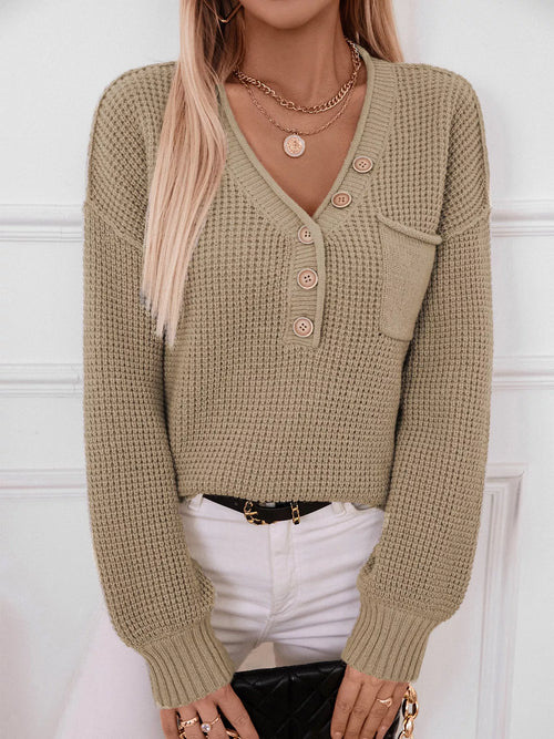 Khaki waffle-knit V-neck button-front sweater with round buttons and front patch pocket