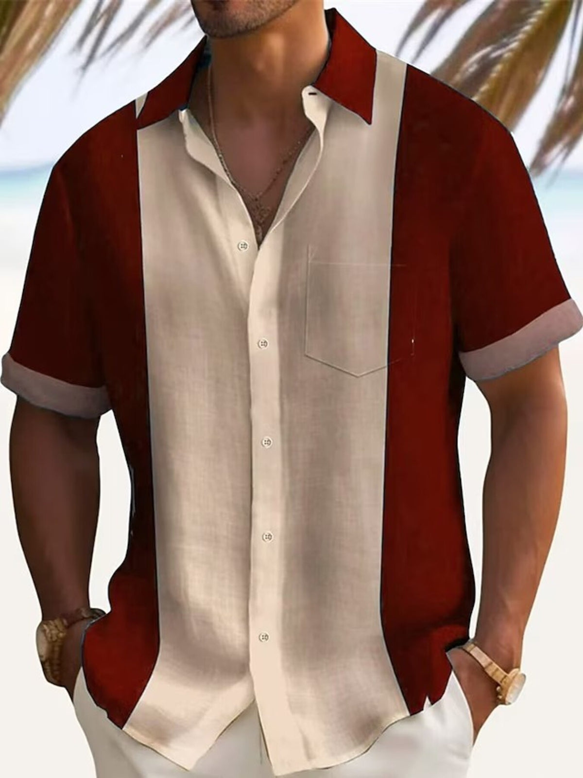 Men's red color block short-sleeve cotton shirt with button front, collar, chest pocket