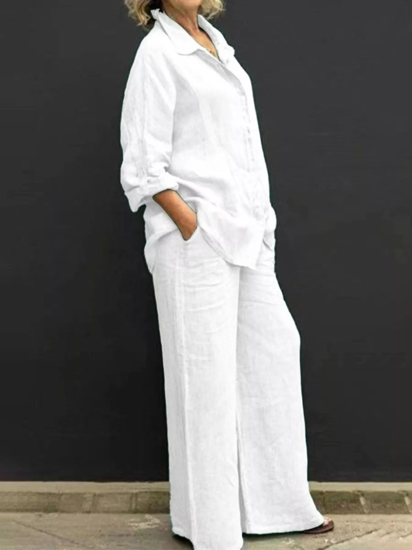 Long-sleeve shirt and pants set in white, button-front shirt with wide-leg trousers