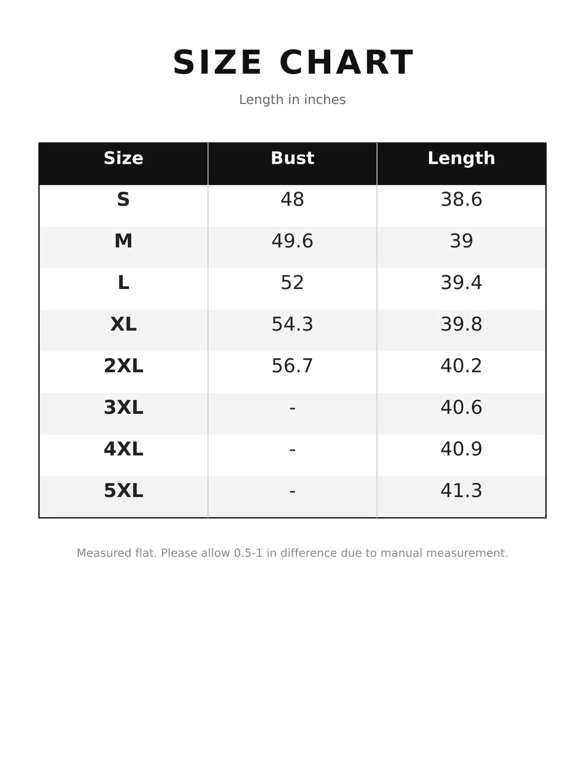 Size chart showing bust and length measurements for the mini dress