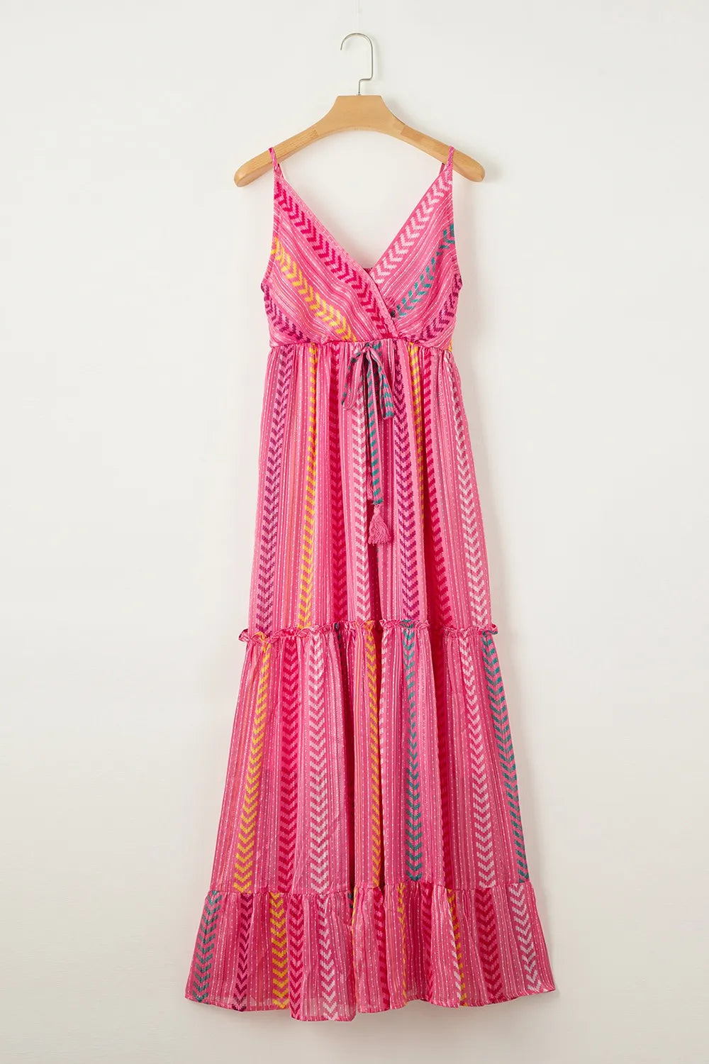 Pink printed surplice maxi cami dress with tie waist and tiered skirt