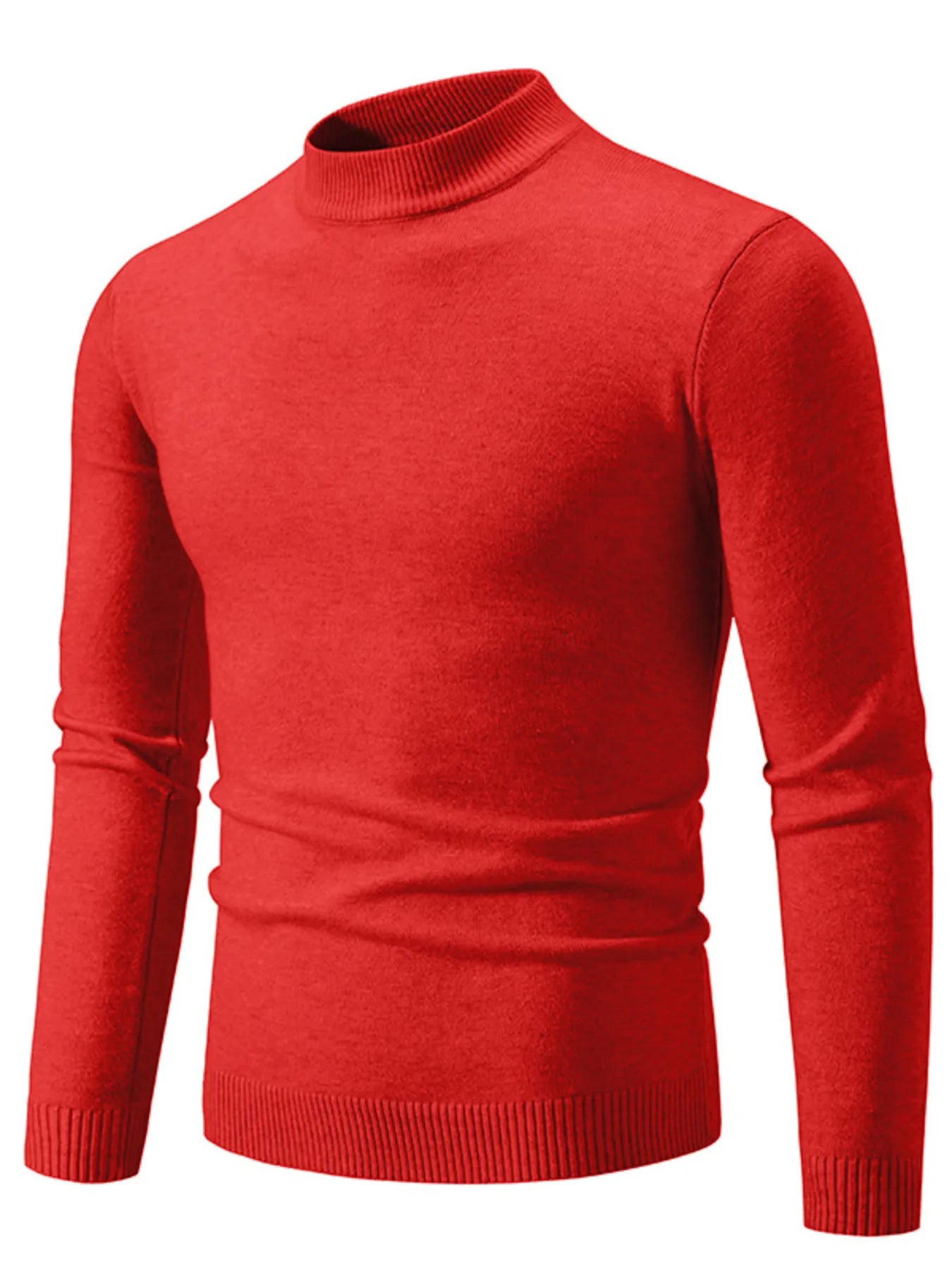 Mock-neck long-sleeve sweater with ribbed hem, red
