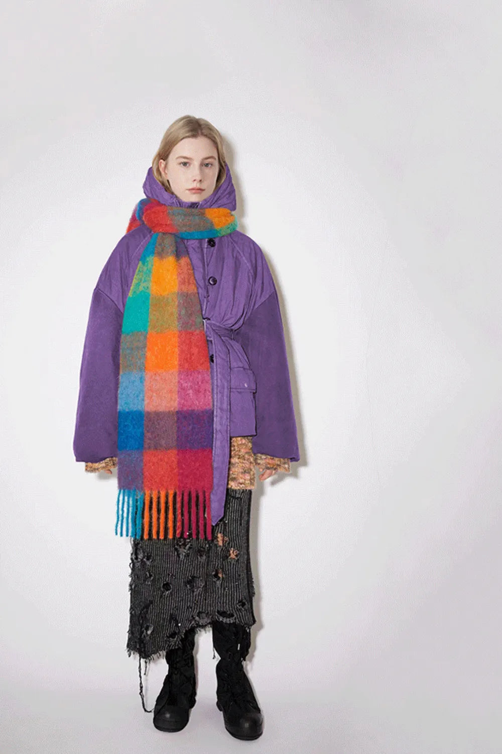 Plaid fringe scarf in purple, red, and orange large squares
