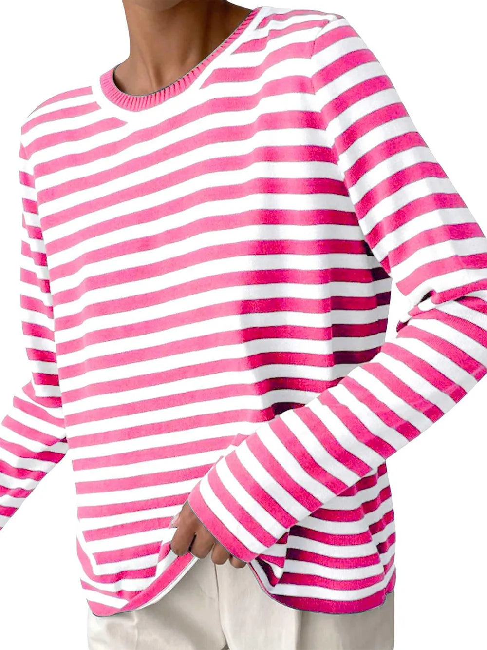 Striped long-sleeve sweater with round neck, pink and white horizontal stripes.