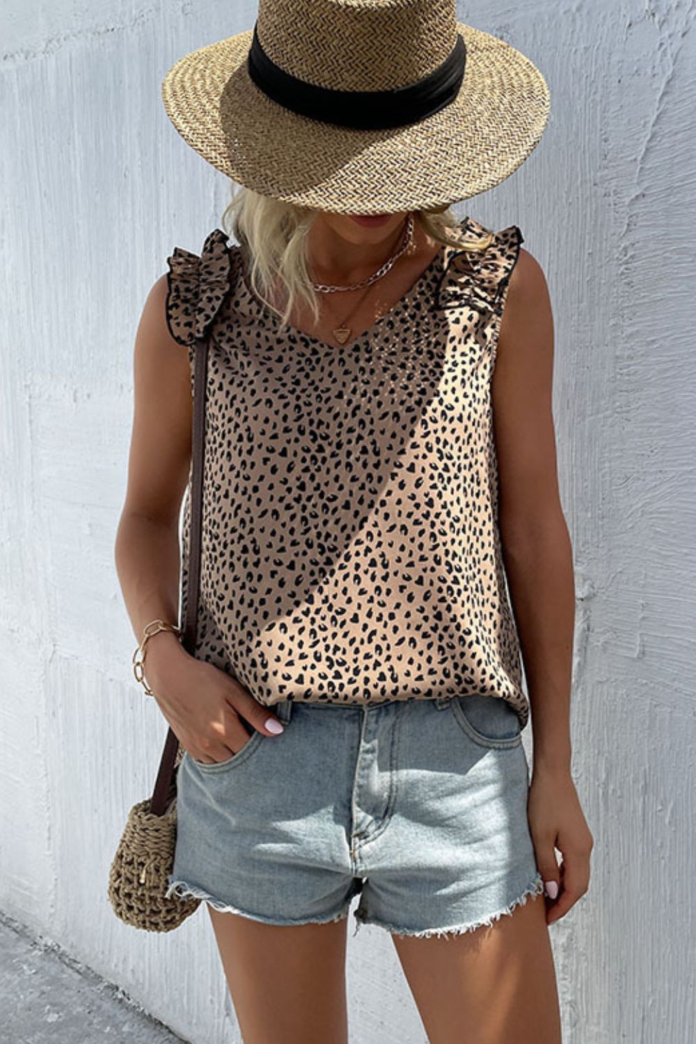 Khaki leopard-print V-neck tank with ruffled shoulder trim, loose fit