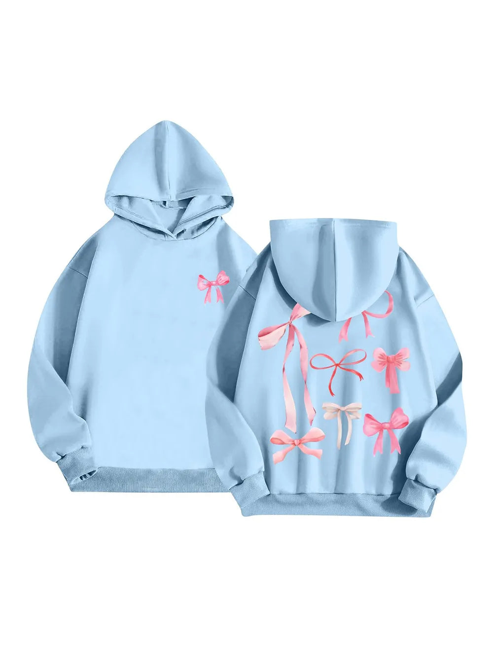 Light blue long sleeve hoodie set with pink bow prints, shown front and back