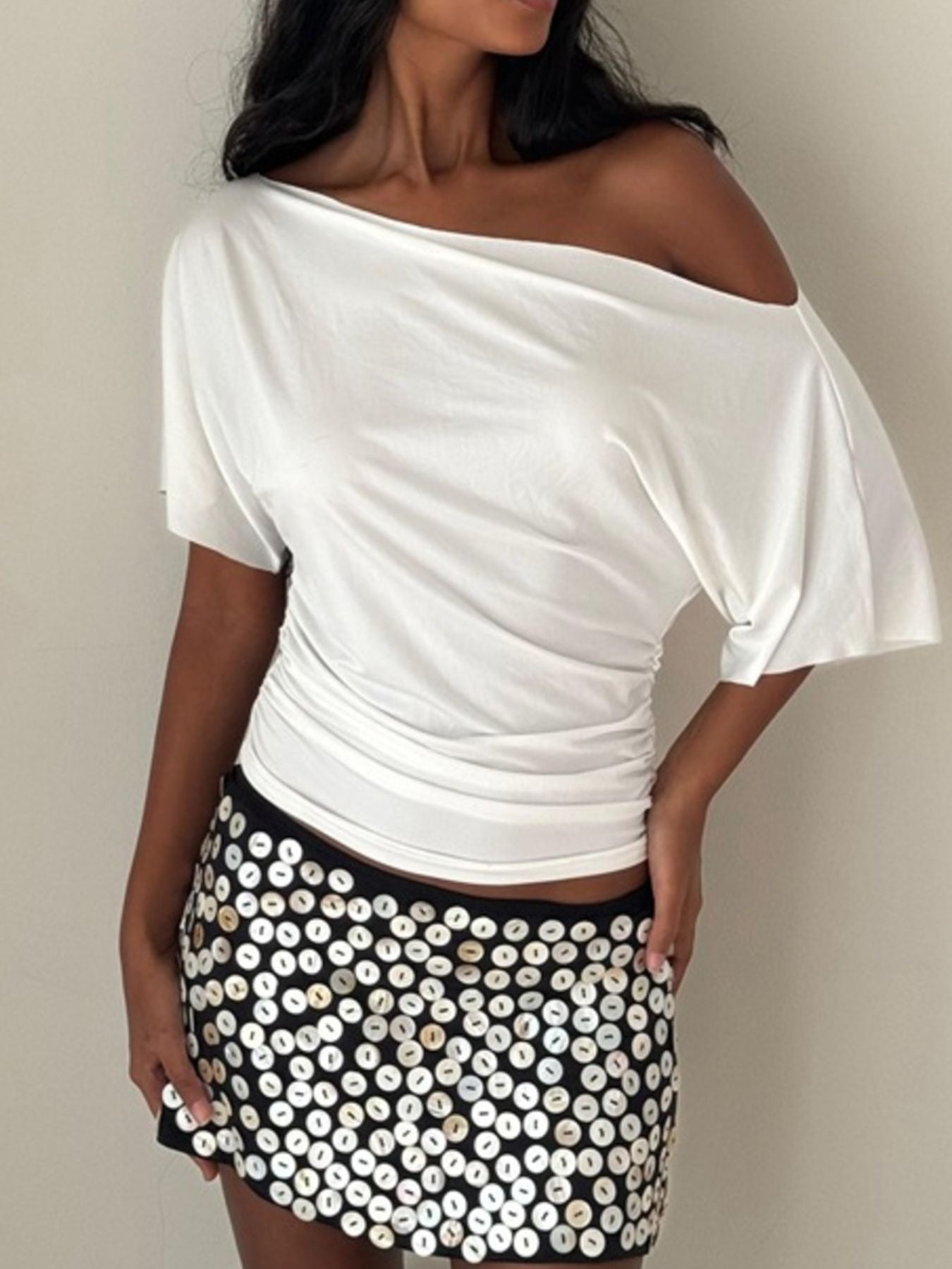 Cedar & Moore One-Shoulder Short Sleeve White Ruched T-Shirt by Trendsi