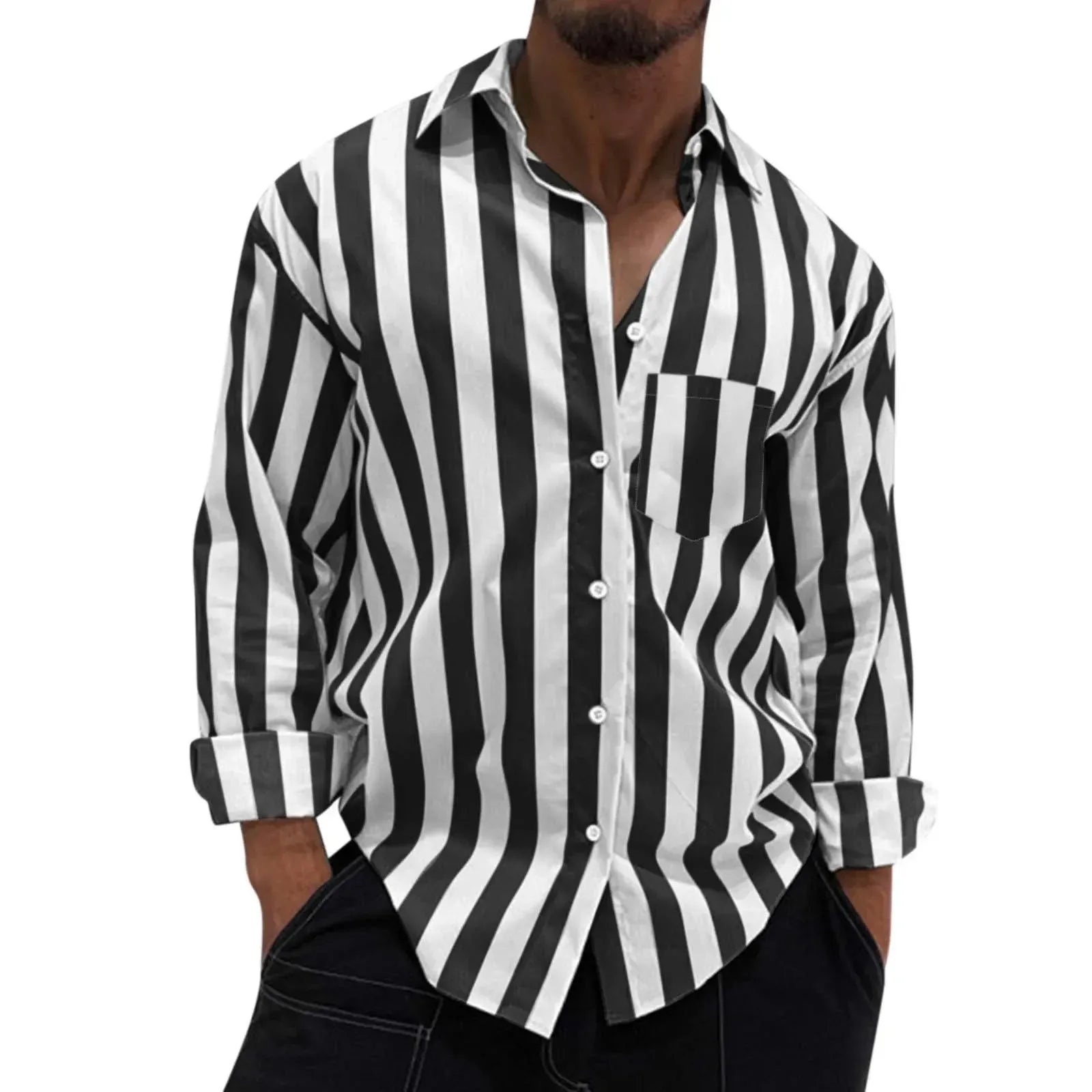 Grey and white striped long-sleeve button-down shirt, front buttons and pocket detail