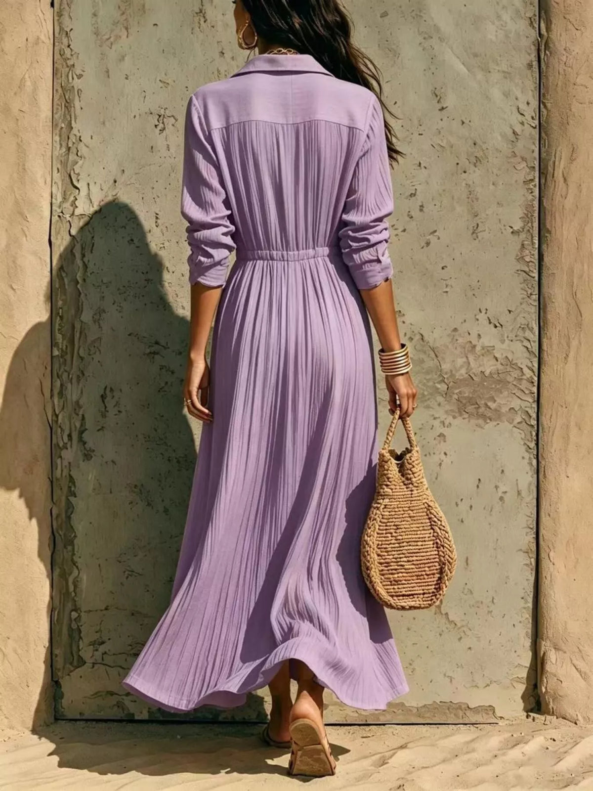 Lilac maxi button-front shirtdress back view with long sleeves and gathered waist seam