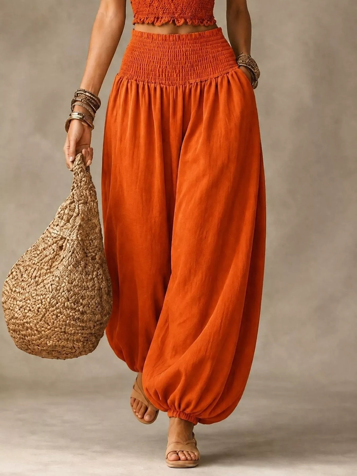 Elastic waist smocked harem pants, orange-red, gathered smocked waistband