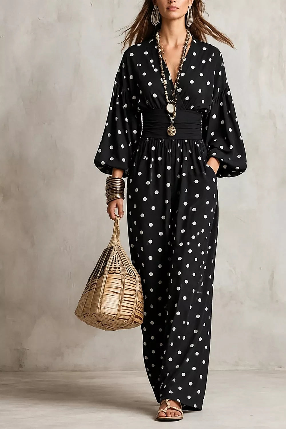 Black polka-dot wide-leg pocketed jumpsuit, V-neck, long balloon sleeves, waist tie