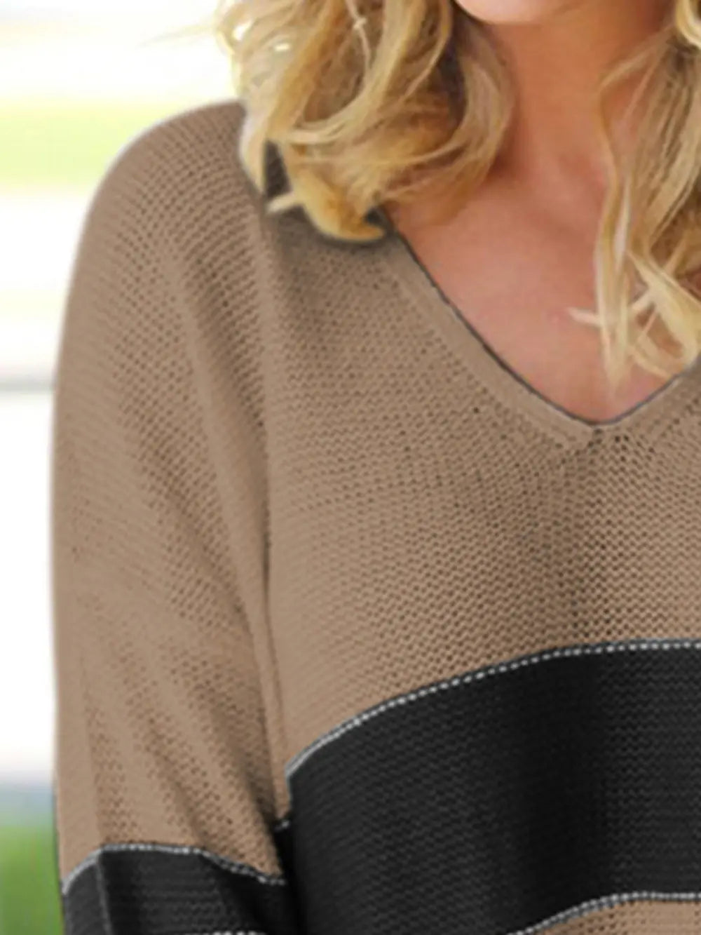 Camel V-neck long-sleeve sweater with textured knit and dark band at hem