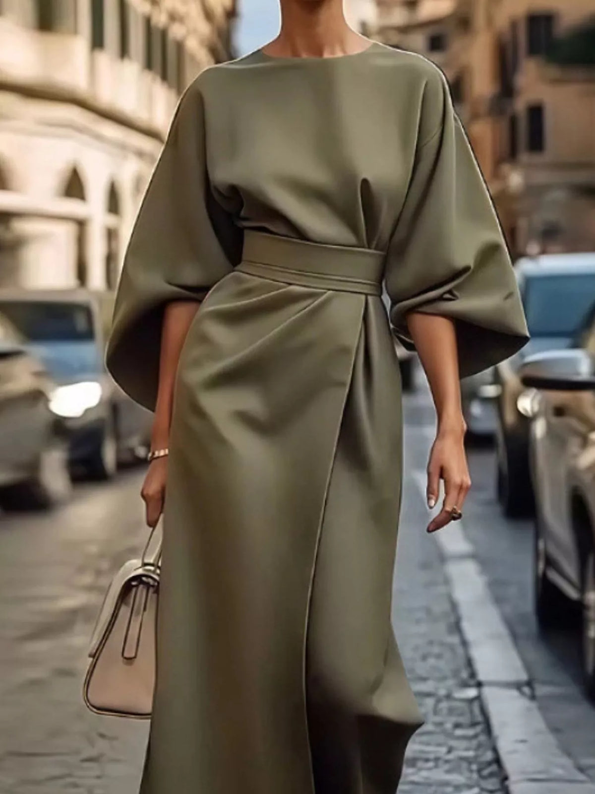Army green kimono-sleeve belted midi dress with high waist and draped tie belt.