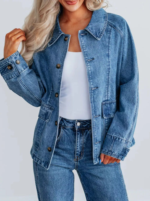 Blue denim button-up raglan sleeve jacket with point collar and chest pockets