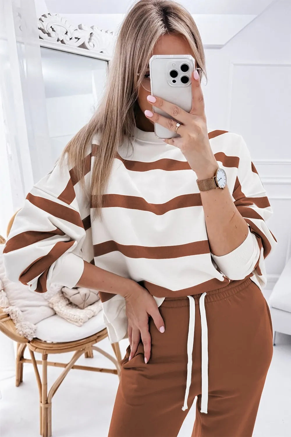 Striped round neck long sleeve top and pants set, white with brown stripes, brown pants
