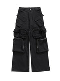 Black cargo pants with large flap pockets on thighs and utility pocket details.