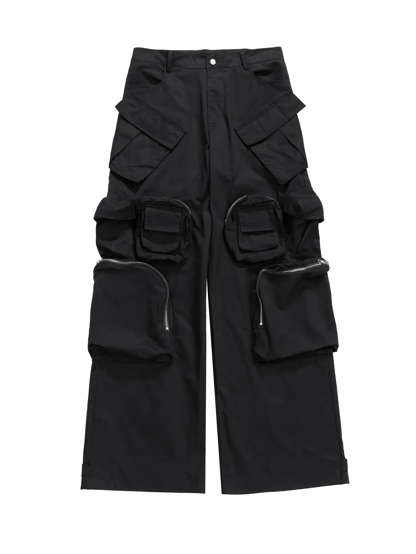 Black cargo pants with large flap pockets on thighs and utility pocket details.