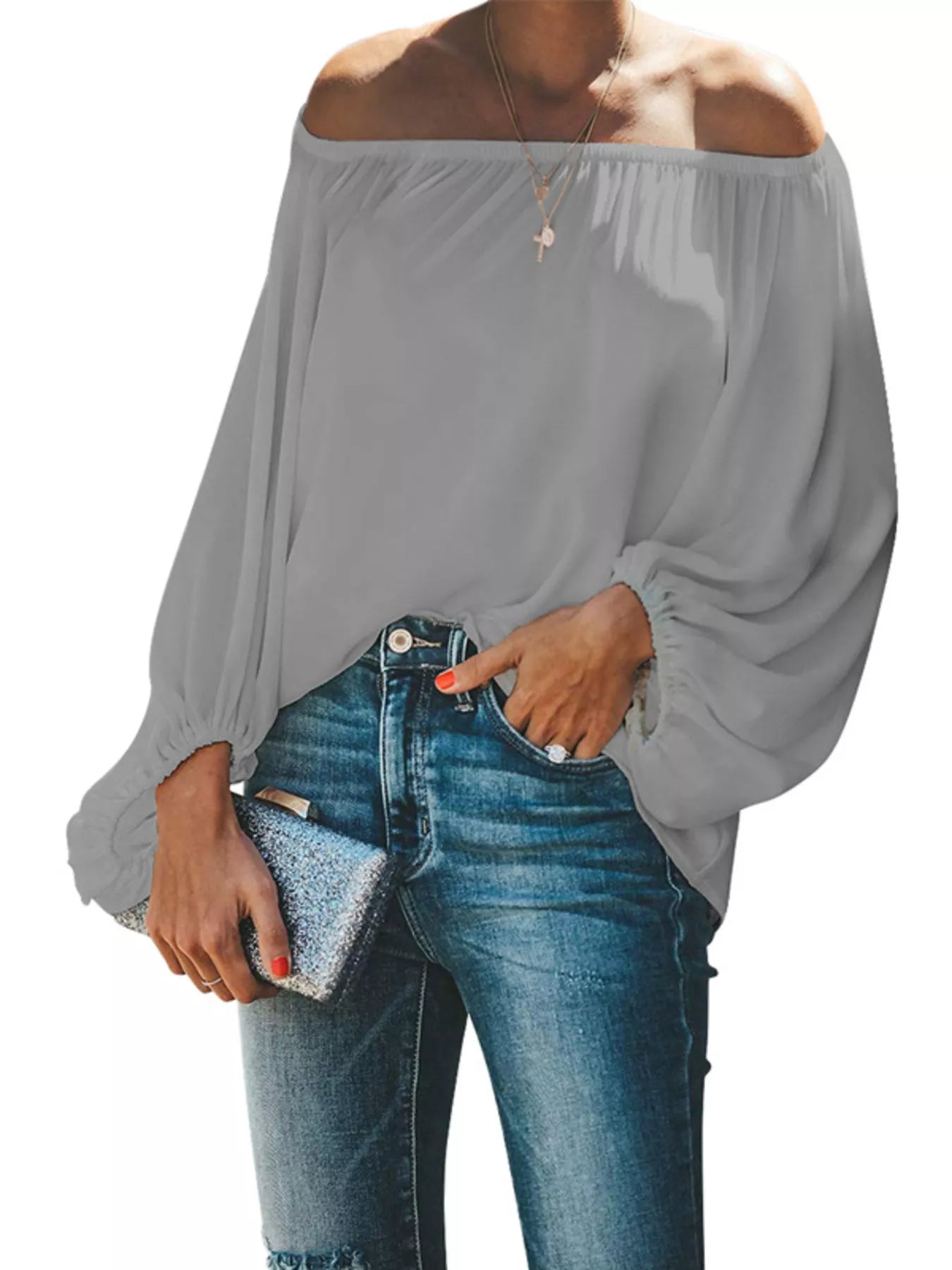Cedar & Moore off-shoulder gray balloon-sleeve blouse, plus size, basic style